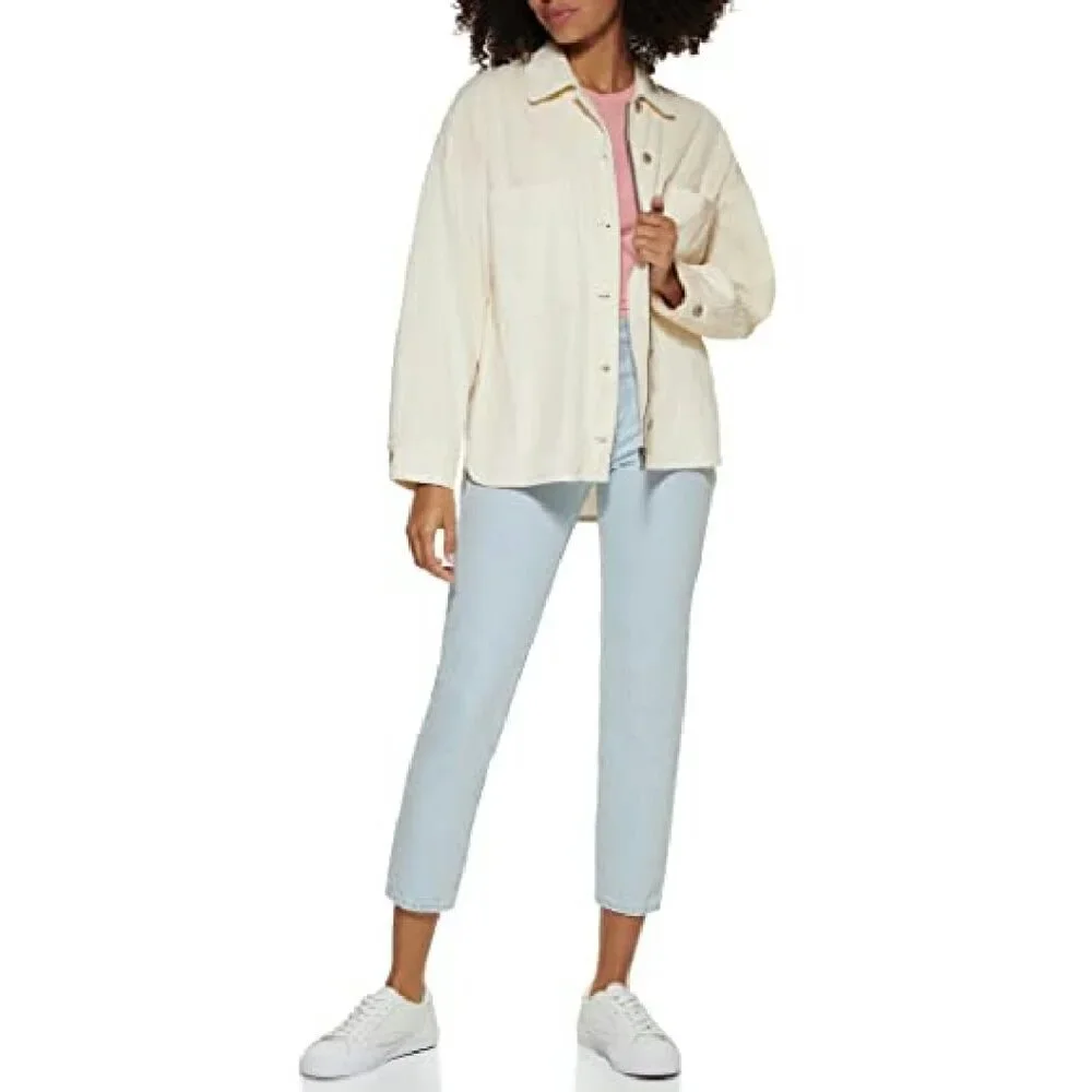 Relaxed Fit Corduroy Shirt Jacket with Pockets, Size M